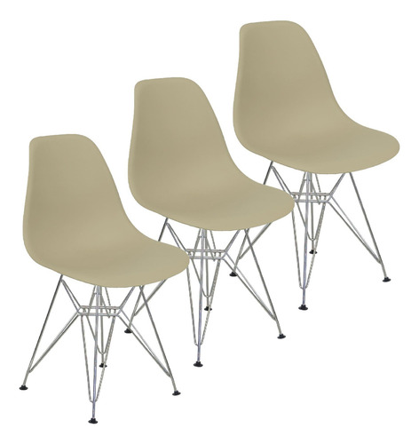 Kit 3 Cadeiras Charles Eames Eiffel Base Metal Cromado Bege