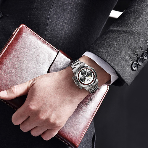 Reloj D/cuarzo Pagani Design Deportivo C/cronógrafo P/hombre Correa Plateado Bisel Plateado Fondo Negro