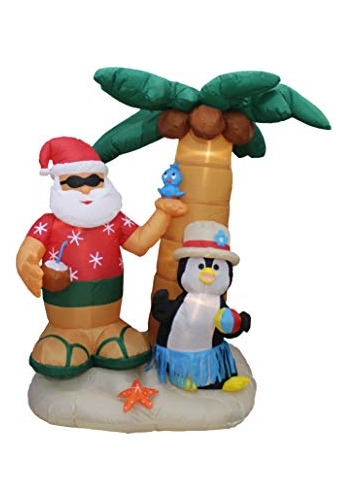 Inflable Navideño Santa Y Pingüino En Isla Con Palmera.