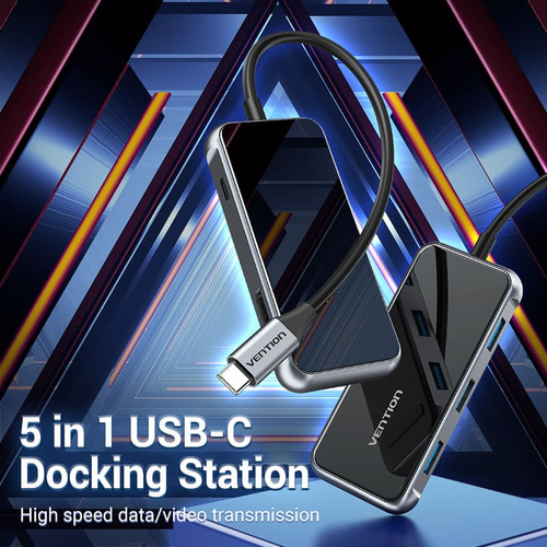 Hub Usb Multipuerto Vention - 5 En 1 - Usb C A Hdmi + 3 Puertos Usb 3.0 + Power Delivery Usb C 87w - 4k 60hz - Carcasa Aluminio - 15 Cm - Premium Para Teclado / Disco Rigido / Mac / Laptop - Tfbhb