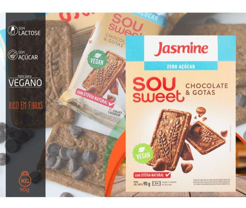 Kit 6 Biscoito Cereais Chocolate Zero Açúcar Jasmine 90g