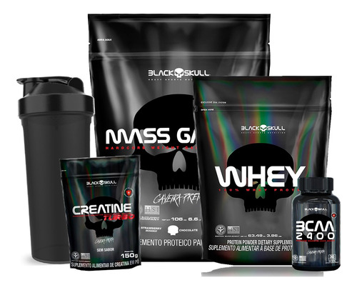 Kit Whey + Mass Gainer + Bcaa + Creatina - Caveira Preta Sabor Morango