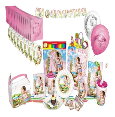 Kit Fiesta Decoración Mi Bautizo Pila Rosada Niña X20