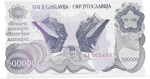 Billete Yugoeslavia 500.000 Dinara Año 1989 Sin Circular