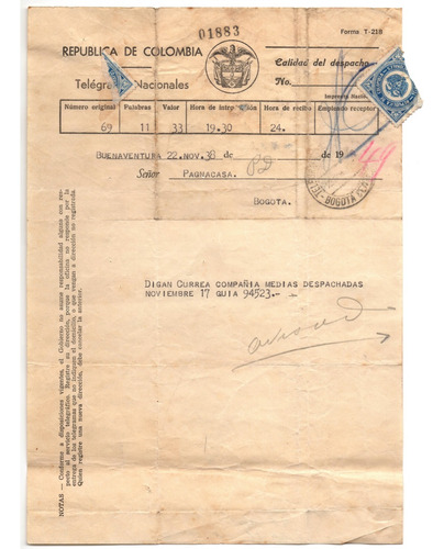 Telegramas Antiguos 1938 Y 1949 Telégrafos Nacionales