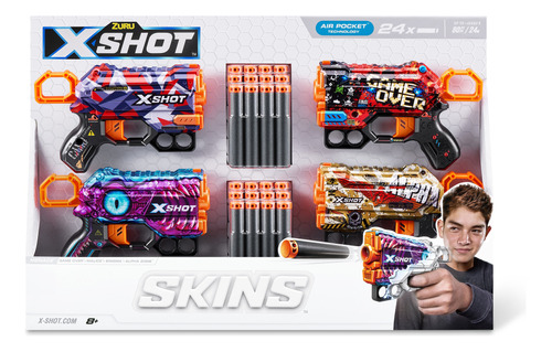 Zuru X-shot Pack 4 Lanzadoras Skins Menace 24 Dardos 27 Mts