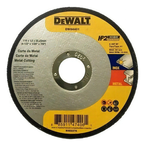 Dewalt Dw84402 Disco De Corte 1,6mm 4-1/2  115mm Hierro/inox 