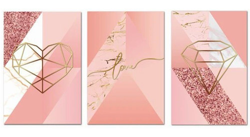 Kit Placas Quadros Decorativos 3 Pçs Mdf 30x45 Formas Rosa