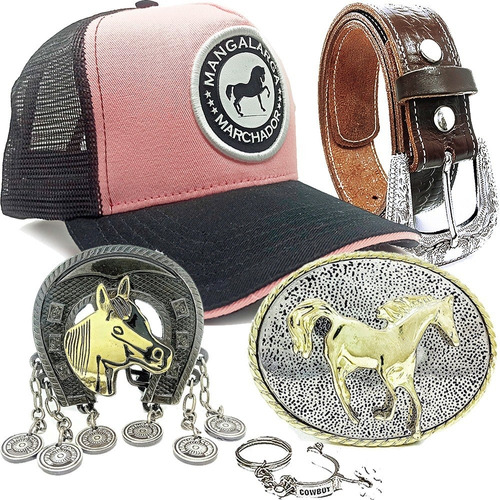 Kit Adulto Bone Cowgirl Mm Cinto Couro 2 Fivelas Chaveiro 