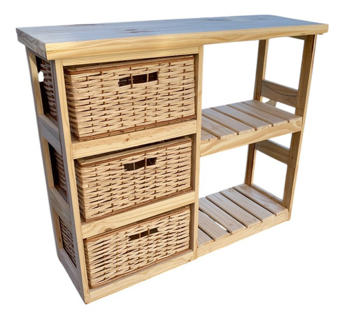 Mueble Organizador 3 Canastos Mimbre 2 Estantes Pino