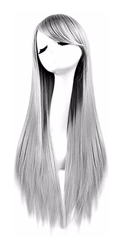¡ Peluca Lisa 80cm Kanekalon Larga Cabello Gris Plateado !!