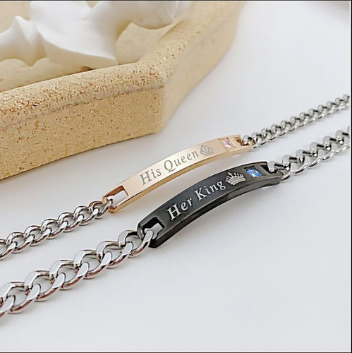 Pulseras Parejas Novios Enamorados Rey Reina Acero Inoxidabl Color Plateado Largo 21 Cm