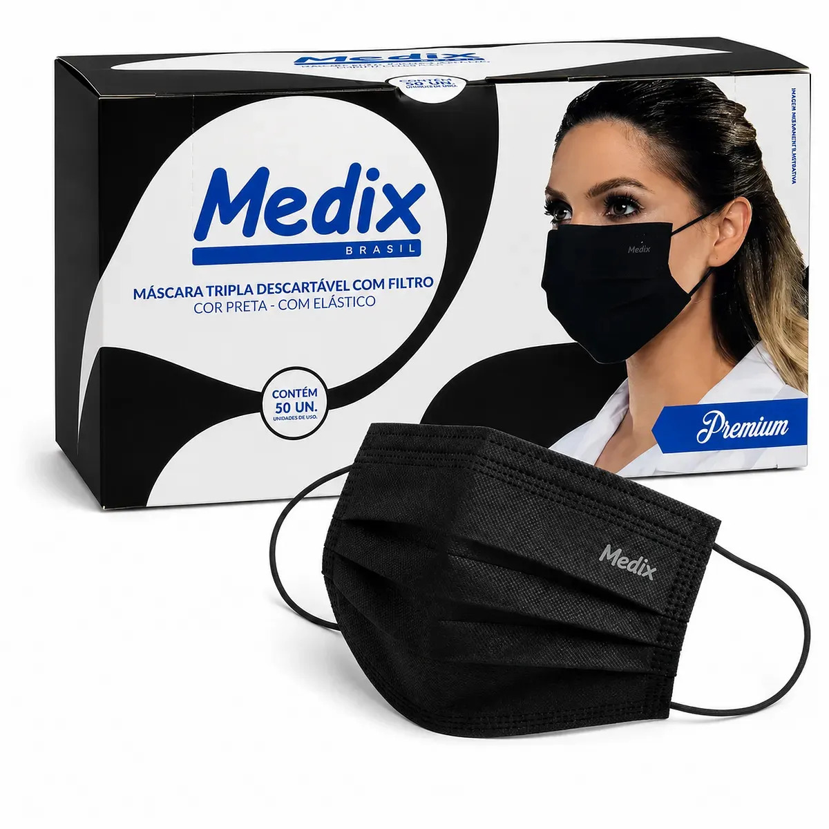 Mascara Cirurgica Descartavel Tripla Preta 50 Unidades