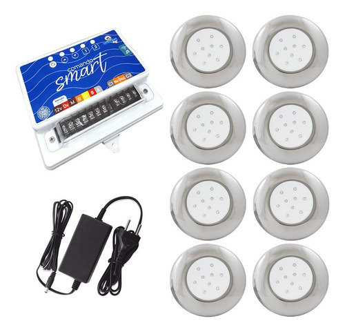 Kit 8 Led Piscina 9w Inox Rgb Colorido + Comando Wifi