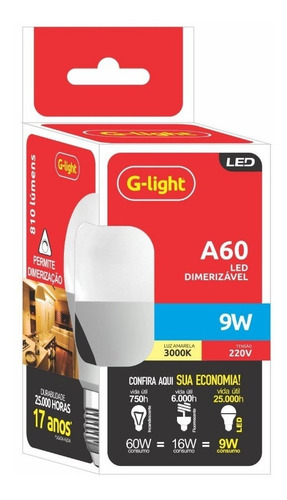 Kit Com 10 Lâmpada Led Dimerizável Bulbo A60  9w 3000k Branco Quente 220v G-light