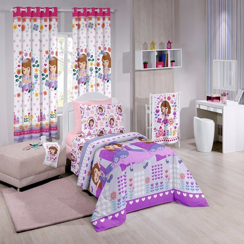 Cortina Corta Luz + Jogo Cama Disney Sofia 3 Peças Santista