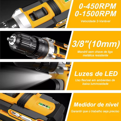 Furadeira Parafusadeira Elétrica Profissional 10mm Sem Fio C/ Maleta E 2 Baterias 48v + Base De Carregamento Bivolt 127/220v E Acessórios