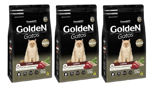 Ração Golden Gatos Adultos Castrados Carne 3kg Kit 3 Unid.