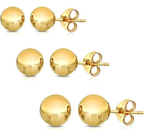 Aretes De Bola De Oro Macizo De 14 Quilates (paquete De 3 3