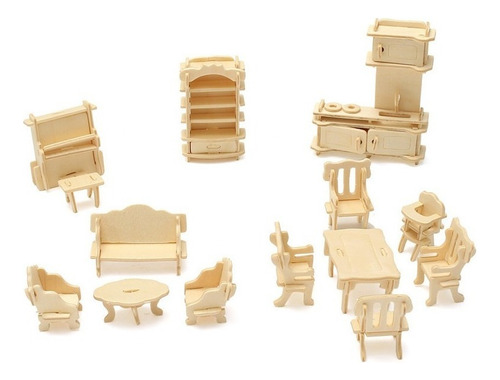 I 34pcs 3d Diy Muebles De Madera Miniatura Casa De Muñecas