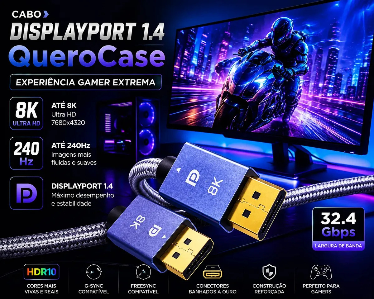 Cabo Displayport 1.4 8k 4k Reforçado 1,5 Metros Hdr 60hz 240hz Compatível G-sync Freesync Conector Ouro Monitor Gamer Áudio Imersivo Hdr Imersivo - QueroCase