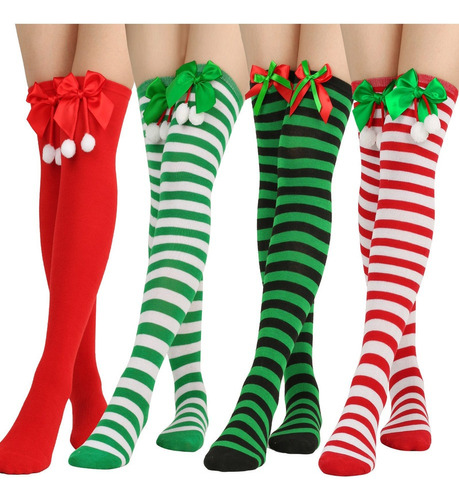 5 Pares Lindas Medias Navideñas Por Encima Rodilla Mujer