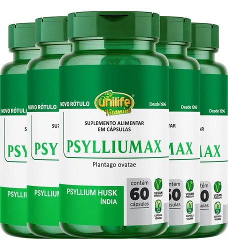 Kit 5x Psyllium Max - 60 Cápsulas 550mg - Unilife Vitamins