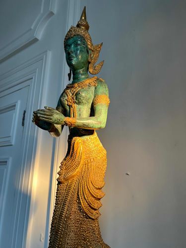 Gran Escultura Indu Diosa Tara Verde Bronce