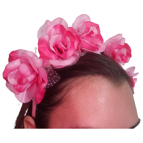 Tiara De Rosas Pink Com Tule Flores Tamanho Médio 