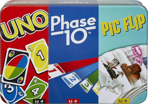 Uno Phase 10 Y Pic Flip Bundle Tin 3 Juegos De Cartas P...