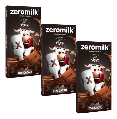 Kit 3 Chocolate Sem Lactose 70% Cacau De 80g Cada - Zeromilk