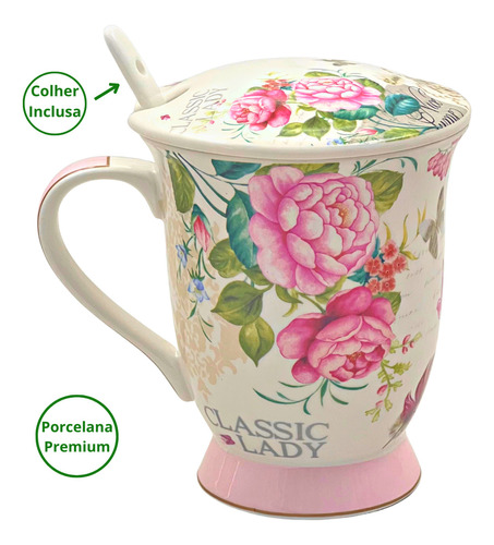 Caneca Infusor Porcelana Premium Presente Mãe Chá 300ml Cor Rosa