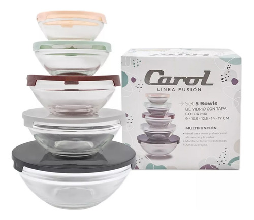 Set 5 Bowls De Vidrio Con Tapa Carol Soft 