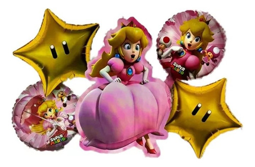 Globo Metalizado Princesa Peach X5 Piezas Fiesta Mario Bross