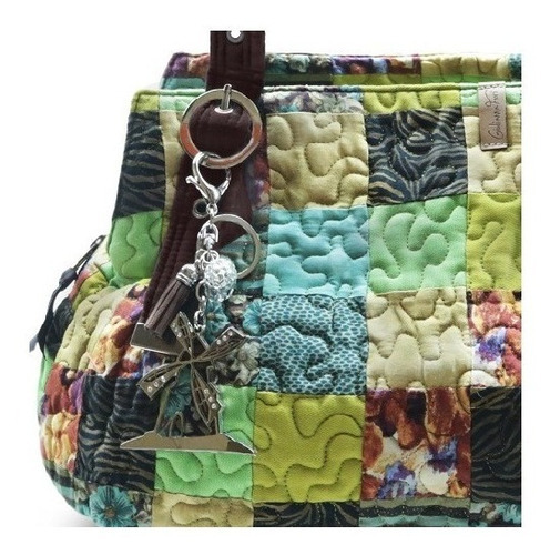 Bolsa Ombro Alça Ajustável Giulianna Quilting 100% Algodão Cor Clover Azul e Verde Desenho do tecido Patchwork
