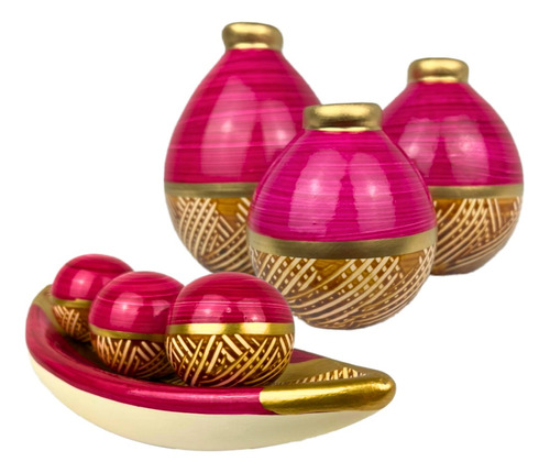 Conjunto Enfeite Ceramica Trio Vasos Centro Mesa Decorativo Cor Moringa Pink Dourado