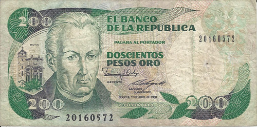 Colombia  200 Pesos Oro 1 De Abril 1988