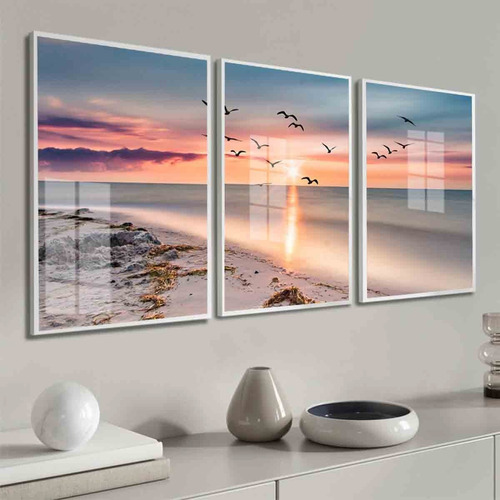 Kit 3 Quadros Decorativos Pôr Do Sol Gaivotas Paisagem Vidro