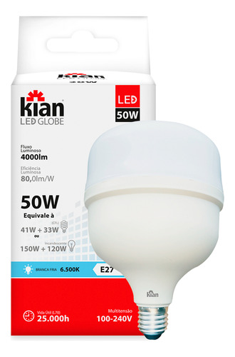 Kit 10 Lâmpadas Branco Frio Led 50w Bulbo E27 6500k Kian