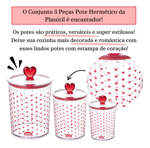Conj 3 Pcs Porta Mantimentos Pote Hermético Coração Plasútil