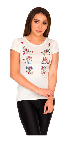 Camiseta Moda Bordado Flores Asiáticas Mujer V821