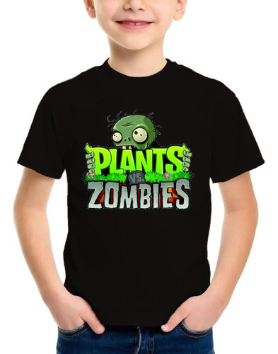 Remera Negra Niño Algodón Personalizada Plants Vs Zombies