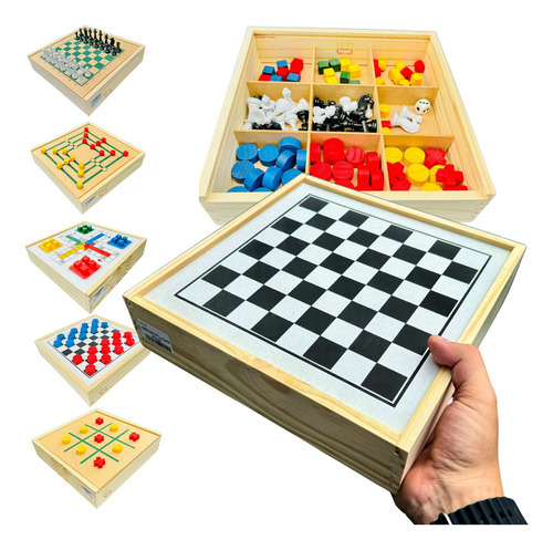 Conjunto Jogos De Mesa 5x1 Xadrez, Dama, Ludo, Trilha, Jogo