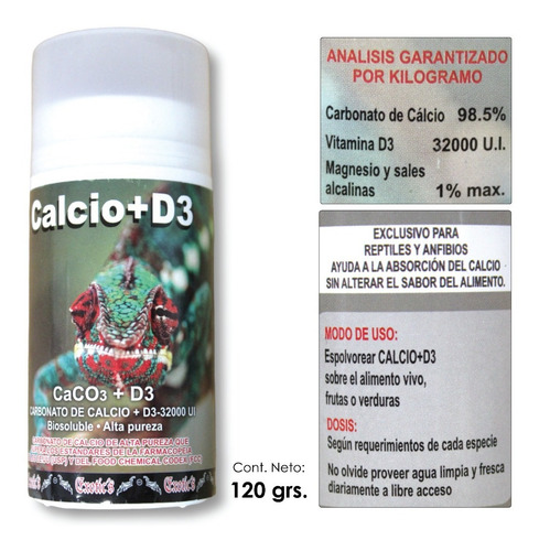 Calcio Con Vitamina D3 Para Reptiles Anfibios Camaleón 120g