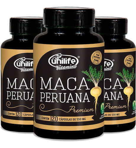 Kit Com 3 Maca Peruana Premium Unilife 120 Capsulas Sabor Sem Sabor