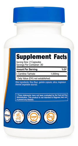 Nutricost Tartrato De L-carnitina 1000 Mg 60 Cápsulas Sabor Sin Sabor