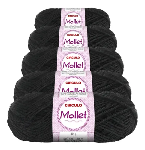 5 Novelos Lã Mollet 40g Crochê / Tricô - Círculo Cor 0940 - Preto