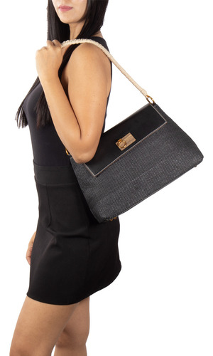 Bolsa Satchel Cloe Para Mujer Look Tejido Broche Magnético Color Negro
