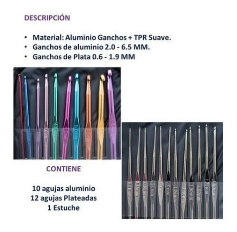 Agujas Crochet Kit 22 Agujas Metálicas Aluminio