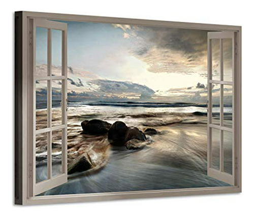 Cuadro Mural Con Ventana Falsa: Playa Rocosa Al Atardecer, C